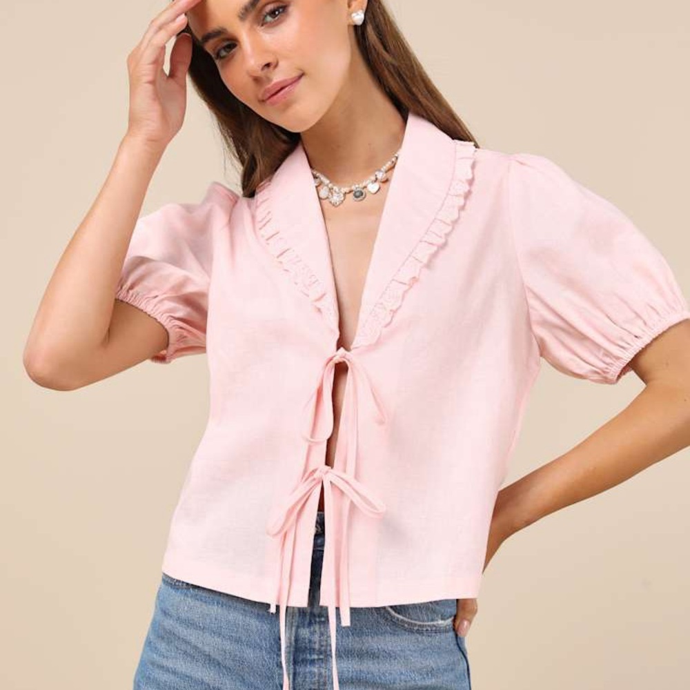 Lulus Cutest Existence Light Pink Collared Tie-Front Short Sleeve Blouse Small